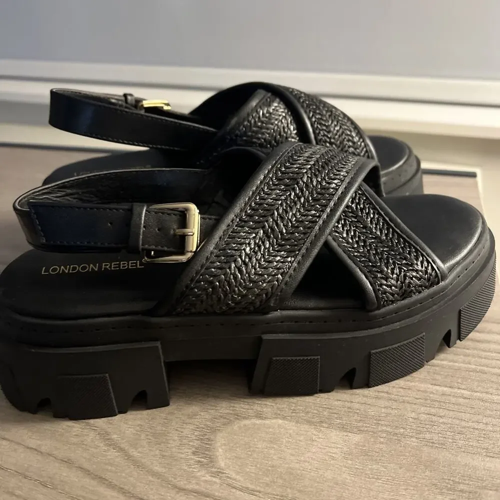 London Rebel Thick Platform Chunky Woven Cross Strap Sandals in Black Size 39